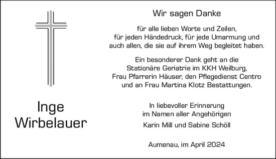 Traueranzeige von Inge Wirbelauer von Weilburger Tageblatt