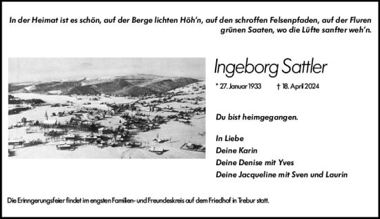 Traueranzeige von Ingeborg Sattler von Groß-Gerauer Echo