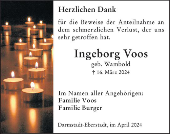 Traueranzeige von Ingeborg Voos von Darmstädter Echo