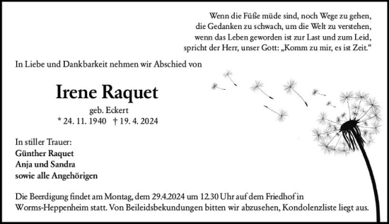 Traueranzeige von Irene Raquet von Wormser Zeitung