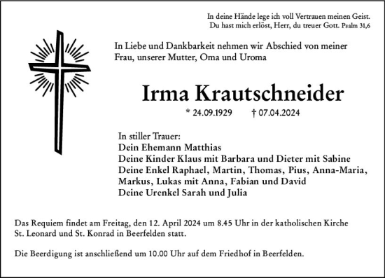 Traueranzeige von Irma Krautschneider von Odenwälder Echo