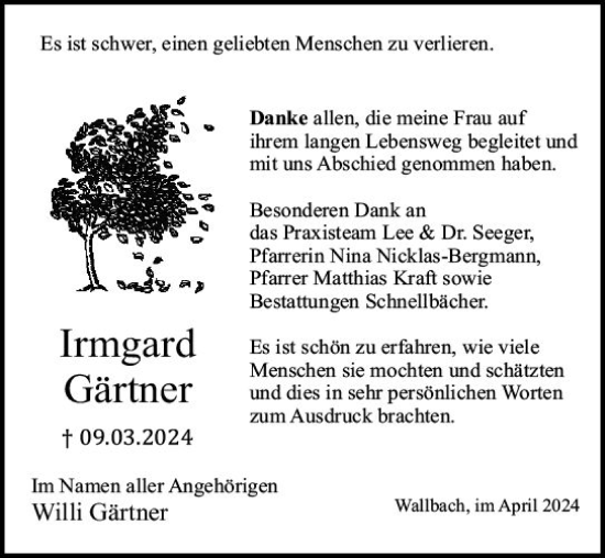 Traueranzeige von Irmgard Gärtner von Odenwälder Echo