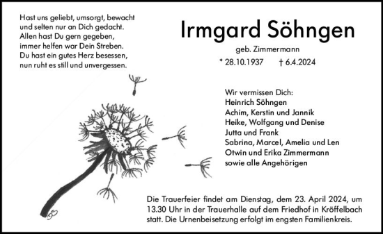 Traueranzeige von Irmgard Söhngen von Wetzlarer Neue Zeitung