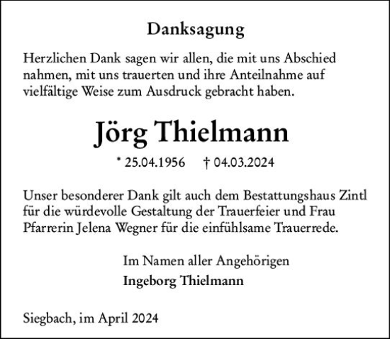 Traueranzeige von Jörg Thielmann von Dill Block