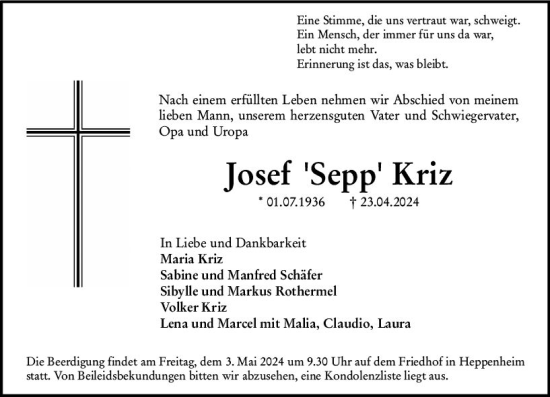 Traueranzeige von Josef  Kriz von Starkenburger Echo