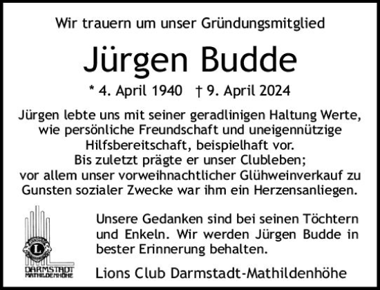 Traueranzeige von Jürgen Budde von Darmstädter Echo