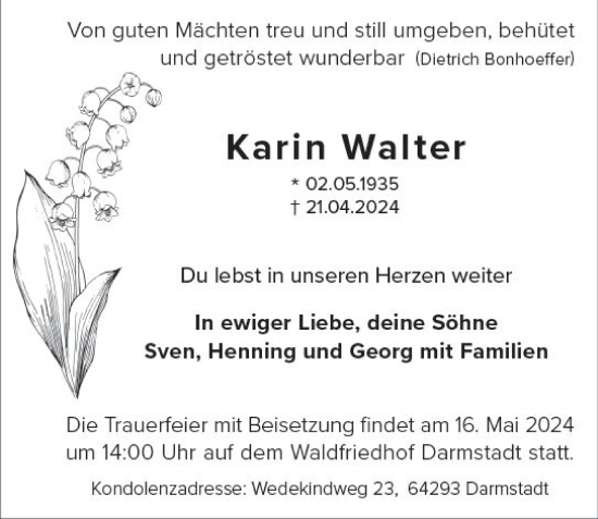 Traueranzeige von Karin Walter von Darmstädter Echo