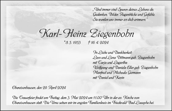 Traueranzeige von Karl-Heinz Ziegenbohn von Hinterländer Anzeiger