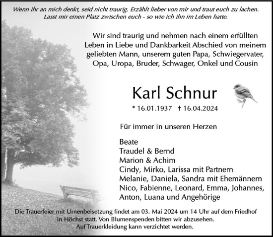 Traueranzeige von Karl Schnur von Odenwälder Echo