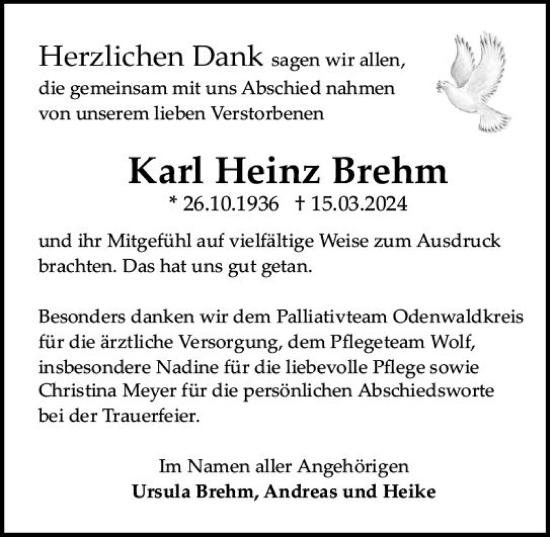 Traueranzeige von Karl Heinz Brehm von Odenwälder Echo