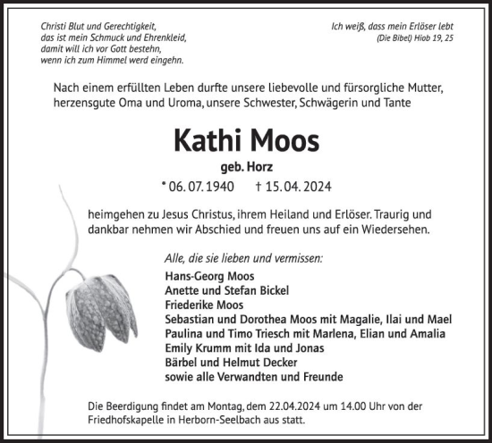 Traueranzeige von Kathi Moos von Dill Block