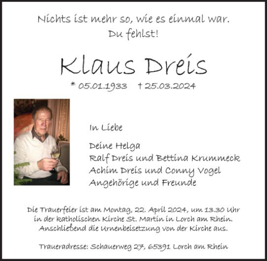 Traueranzeige von Klaus Dreis von Rheingau Kurier