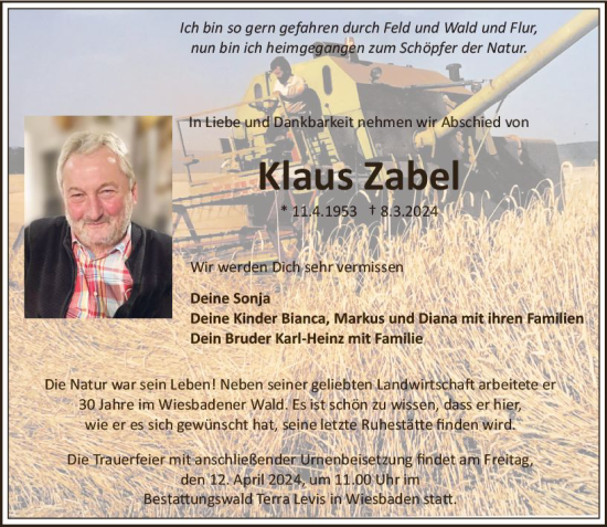 Traueranzeige von Klaus Zabel von Camberger Anzeiger
