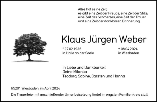 Traueranzeige von Klaus Jürgen Weber von Wiesbadener Kurier