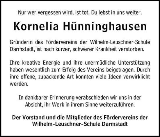 Traueranzeige von Kornelia Hünninghausen von Darmstädter Echo