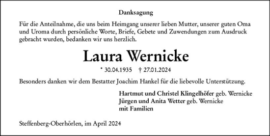Traueranzeige von Laura Wernicke von Hinterländer Anzeiger