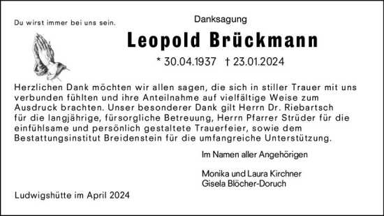Traueranzeige von Leopold Brückmann von Hinterländer Anzeiger