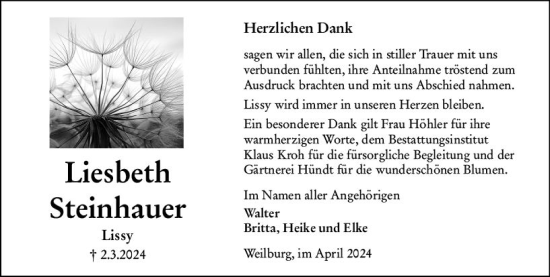 Traueranzeige von Liesbeth Steinhauer von Weilburger Tageblatt