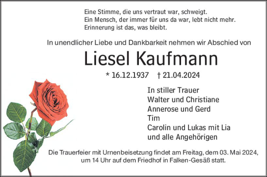 Traueranzeige von Liesel Kaufmann von Odenwälder Echo