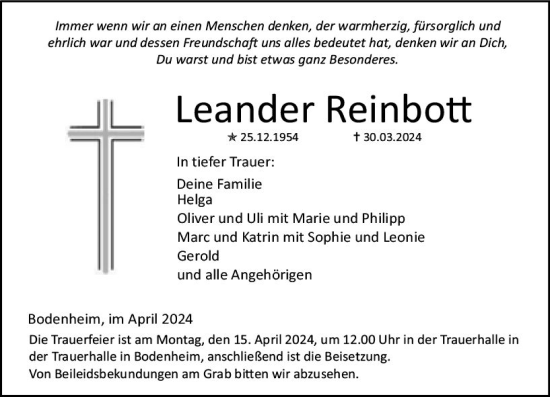 Traueranzeige von Leander Reinbott von Allgemeine Zeitung Mainz
