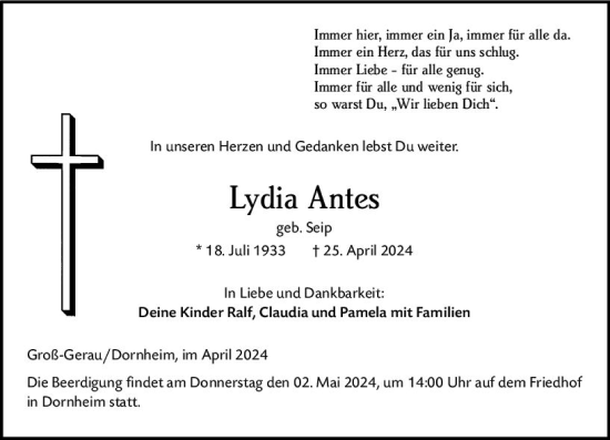 Traueranzeige von Lydia Antes von Groß-Gerauer Echo