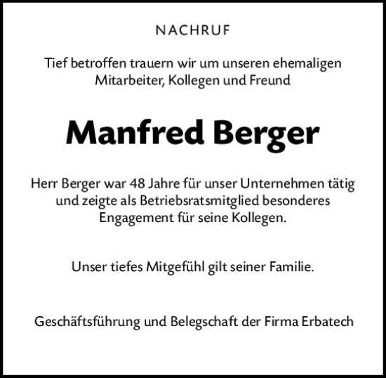 Traueranzeige von Manfred Berger von Odenwälder Echo
