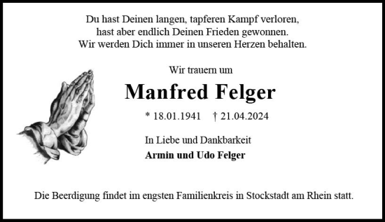 Traueranzeige von Manfred Felger von Groß-Gerauer Echo