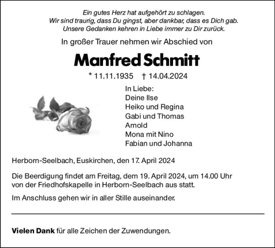 Traueranzeige von Manfred Schmitt von Dill Block