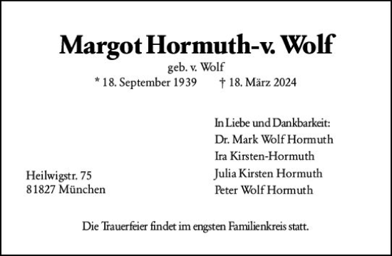 Traueranzeige von Margot Hormuth-v. Wolf von Darmstädter Echo