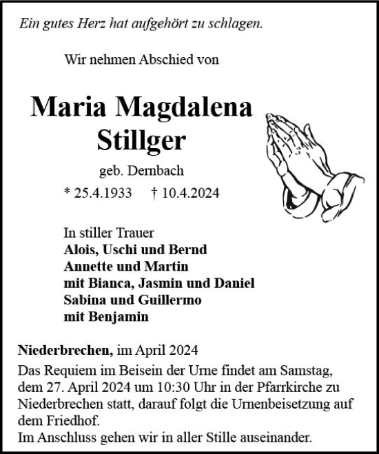 Traueranzeige von Maria Magdalena Stillger von Nassauische Neue Presse
