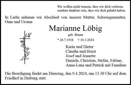 Traueranzeige von Marianne Löbig von Dieburger Anzeiger/Groß-Zimmerner Lokal-Anzeiger