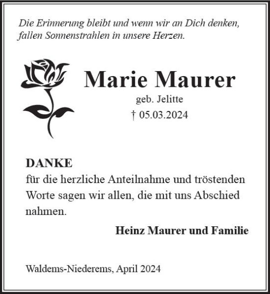 Traueranzeige von Marie Maurer von Camberger Anzeiger