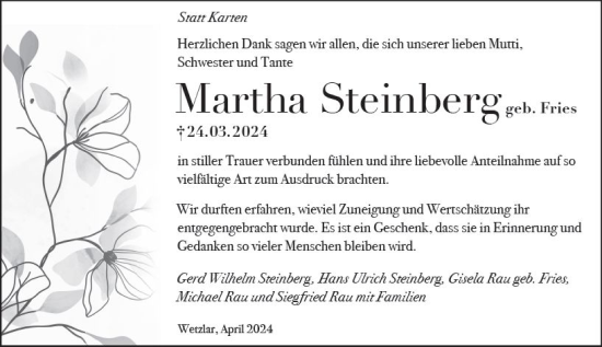 Traueranzeige von Martha Steinberg von Wetzlarer Neue Zeitung