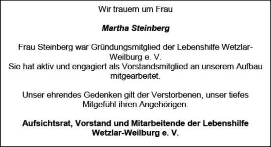 Traueranzeige von Martha Steinberg von Weilburger Tageblatt