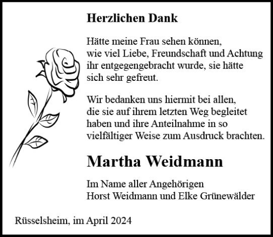 Traueranzeige von Martha Weidmann von Rüsselsheimer Echo