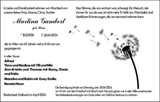 Traueranzeige von Martina Gumbert von Dill Block