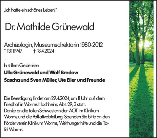 Traueranzeige von Mathilde Grünewald von Wormser Zeitung