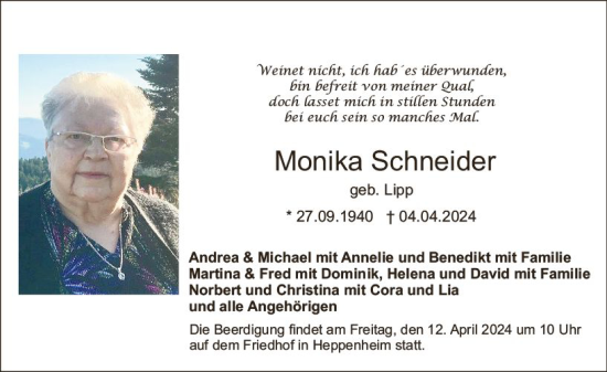 Traueranzeige von Monika Schneider von Starkenburger Echo