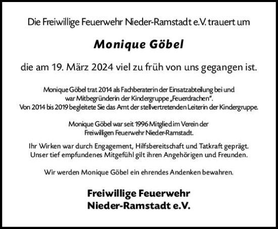 Traueranzeige von Monique Göbel von Darmstädter Echo