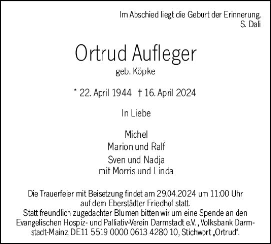 Traueranzeige von Ortrud Aufleger von Darmstädter Echo