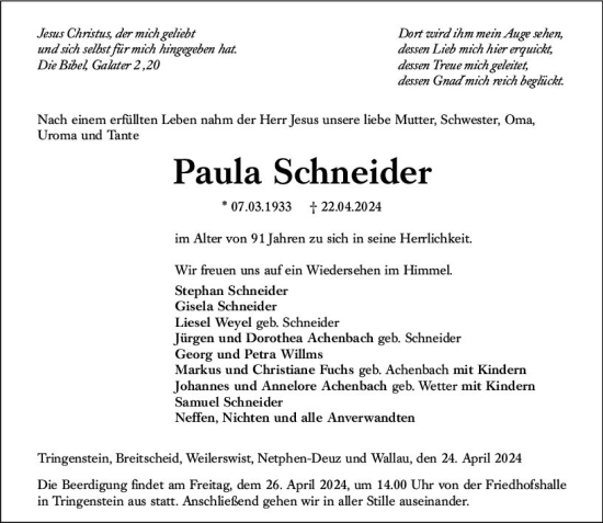Traueranzeige von Paula Schneider von Dill Block