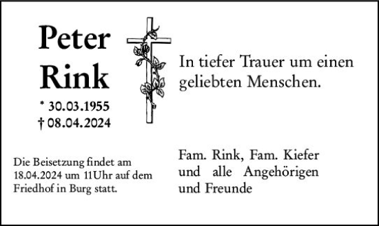 Traueranzeige von Peter Rink von Dill Block