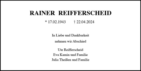 Traueranzeige von Rainer Reifferscheid von Wiesbadener Kurier