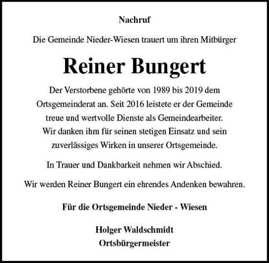 Traueranzeige von Reiner Bungert von Allgemeine Zeitung Alzey