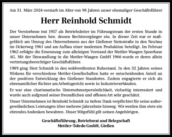 Traueranzeige von Reinhold Schmidt von Wetzlarer Neue Zeitung