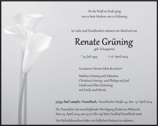 Traueranzeige von Renate Grüning von Hinterländer Anzeiger