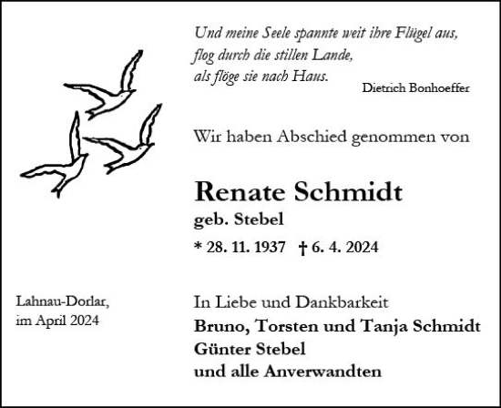 Traueranzeige von Renate Schmidt von Wetzlarer Neue Zeitung
