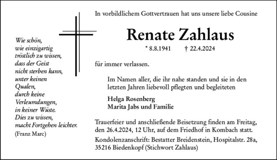 Traueranzeige von Renate Zahlaus von Hinterländer Anzeiger