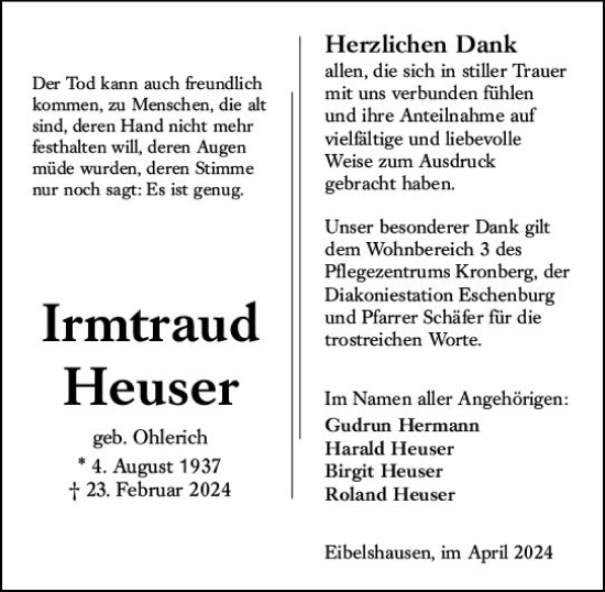 Traueranzeige von Irmtraud Heuser von Dill Block