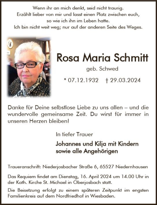 Traueranzeige von Rosa Maria Schmitt von Wiesbadener Kurier